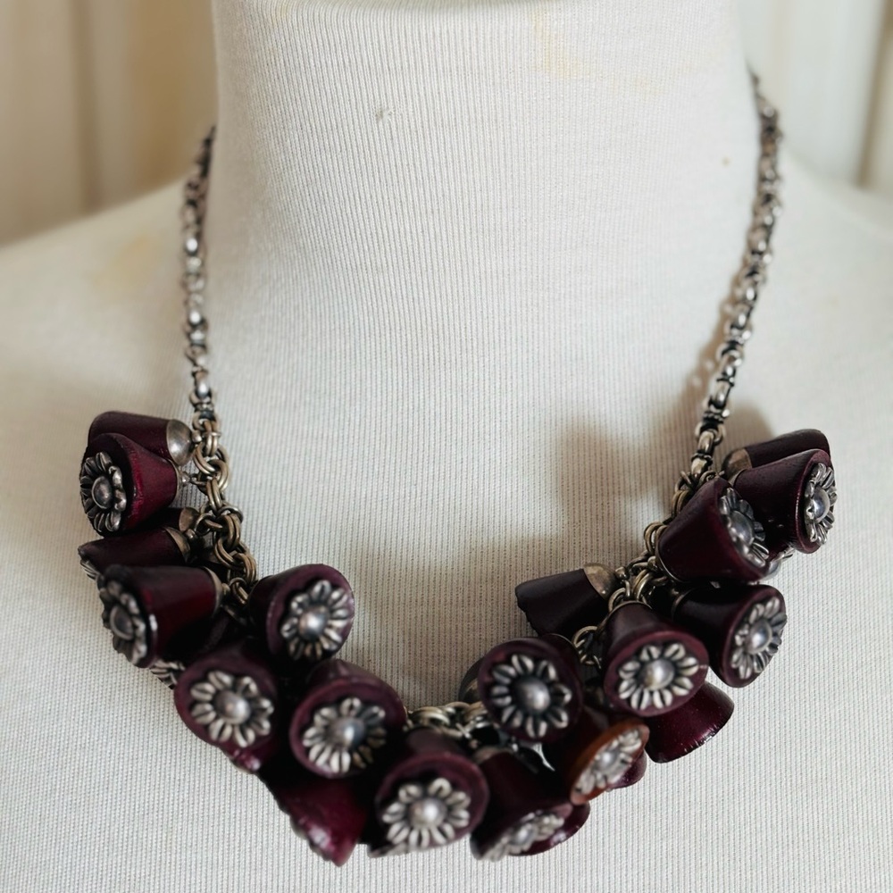 Elegant Artisan Silver and Burgundy Floral Necklace